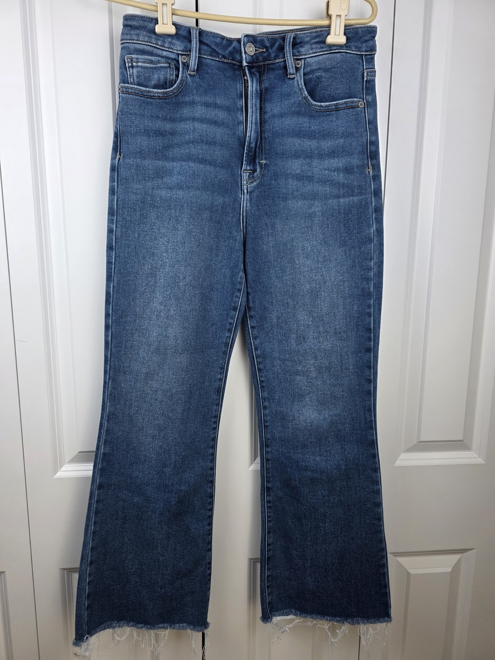 HIDDEN LOS ANGELES High Rise Raw Hem Flare Jeans Sz 28w/26L Dark Wash Ankle Crop - Picture 2 of 14